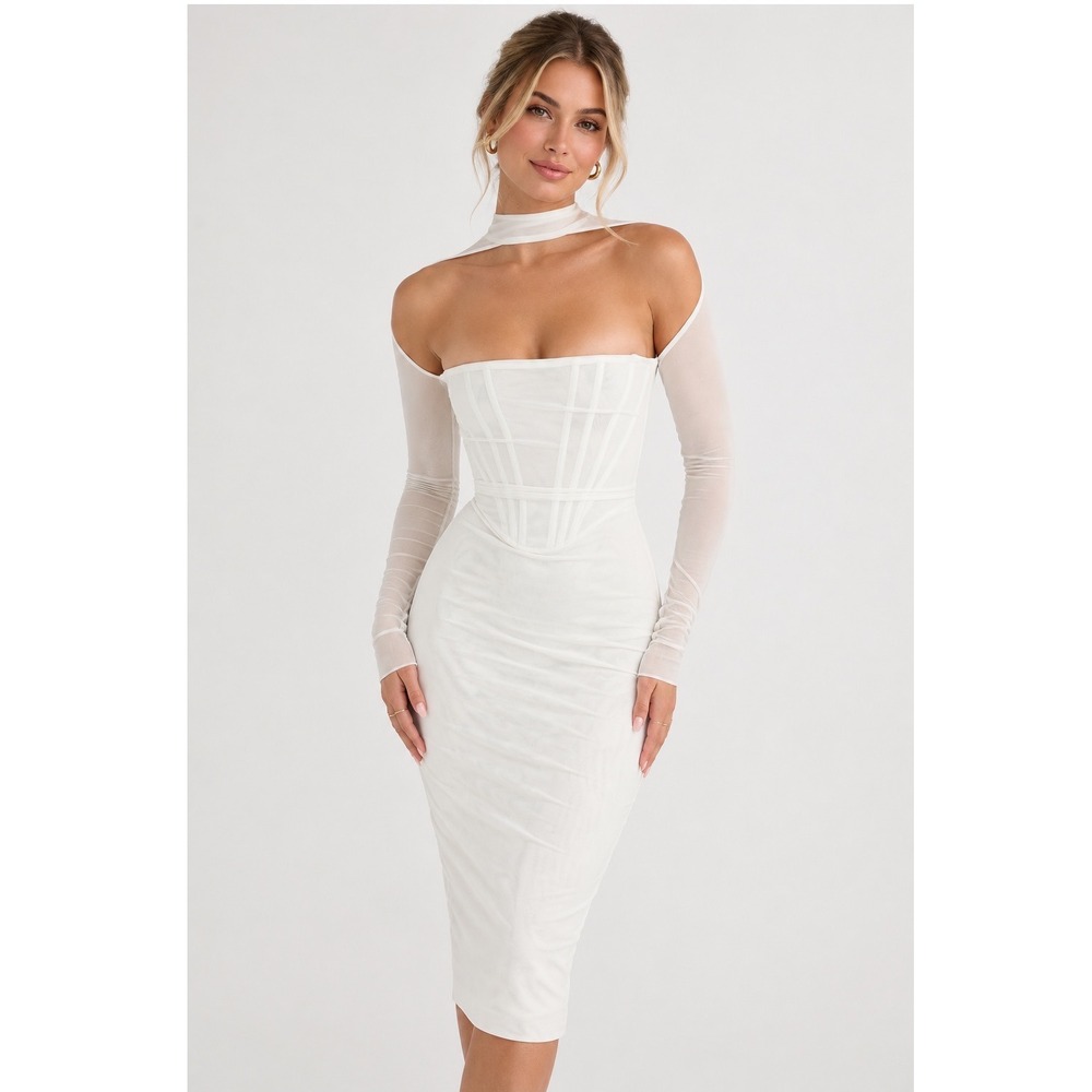 House of CB Milarose White Mesh Corset Midi Dress Size S NWT tiny‎ mark Bridal